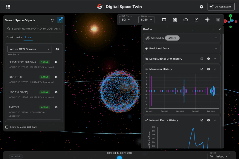 Digital Space Twin — 디지털 우주 트윈 뷰를 보여주는 슬링샷 포털 사용자 인터페이스
